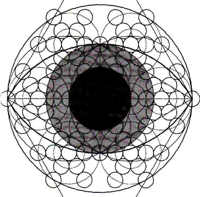 12-17a] (imagine two tetrahedrons sitting on a table with their edges touching, viewed from above), fully visible and contained perfecdy inside the vesica piscis in Figure 12-17b.