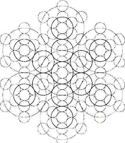 In other words, you see 13 circles connected to 13 circles connected to 13 circles connected to 13 circles and so on little Fruits of Life all around, perfecdy and harmonically arranged on the page.
