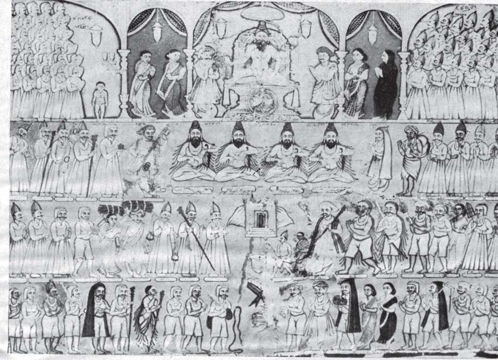 Painting showing devotees of the Virashaiva tradition. Mahadeviyakka is in an upper right hand alcove, dressed in the blackness of her own long hair become a kind of third gender.