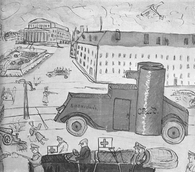 A child s drawing showing street fighting in Moscow, 1918.