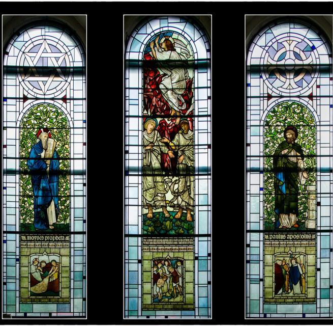 Two new stained glass windows have been added subsequently, showing missionary work in Rwanda and Central America supported by the church family.