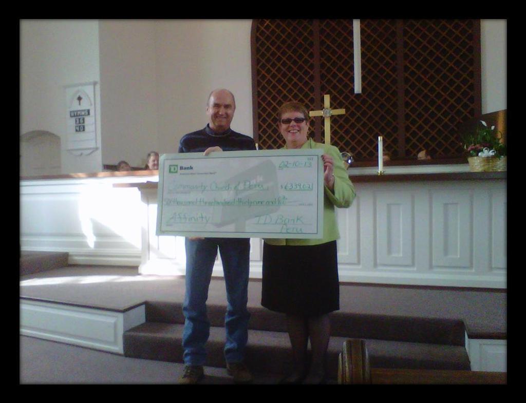 On Sunday, February 10th, Chris Mullen from TD Bank, N.A. attended both services to announce the amount of funds earned through the TD Bank Affinity Program. This is a great program for our church.