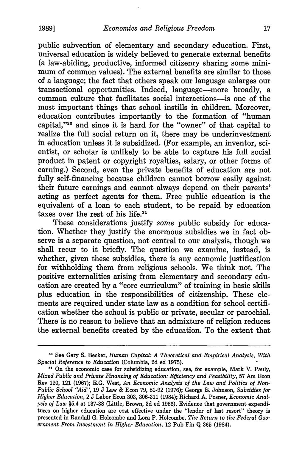 1989] Economics and Religious Freedom public subvention of elementary and secondary education.