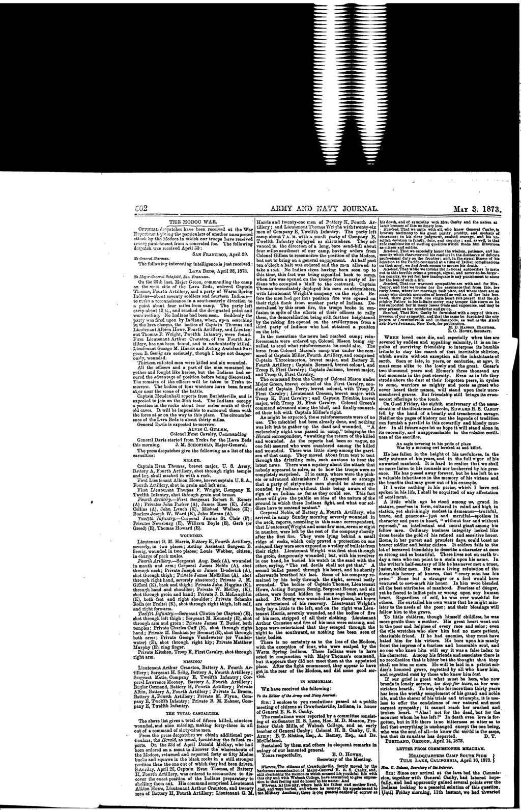 ARMY AND NAVY JOURNAL. MAY 3. 1873. THE LODOO WAR. Hrris twenty-c rmen Pttery K, Four th Ar- hk deth, sympthy Mrs. Cn ths nti tillery; Lieutntt ThomosWright twenty-six lrgs becuse this untimely loss.
