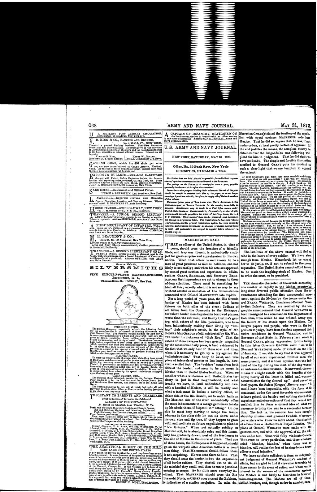 668 ARMY AND NAVY JOURNAL. MAY 31, 1873. US. MiLTARY POST LBRARY ASSOCATON. fhedqurters 00 Brodwy, Nw York city. V B. KNG CO., BANKERS AND BROKERS, V. * ' No. 5 WALL ST.