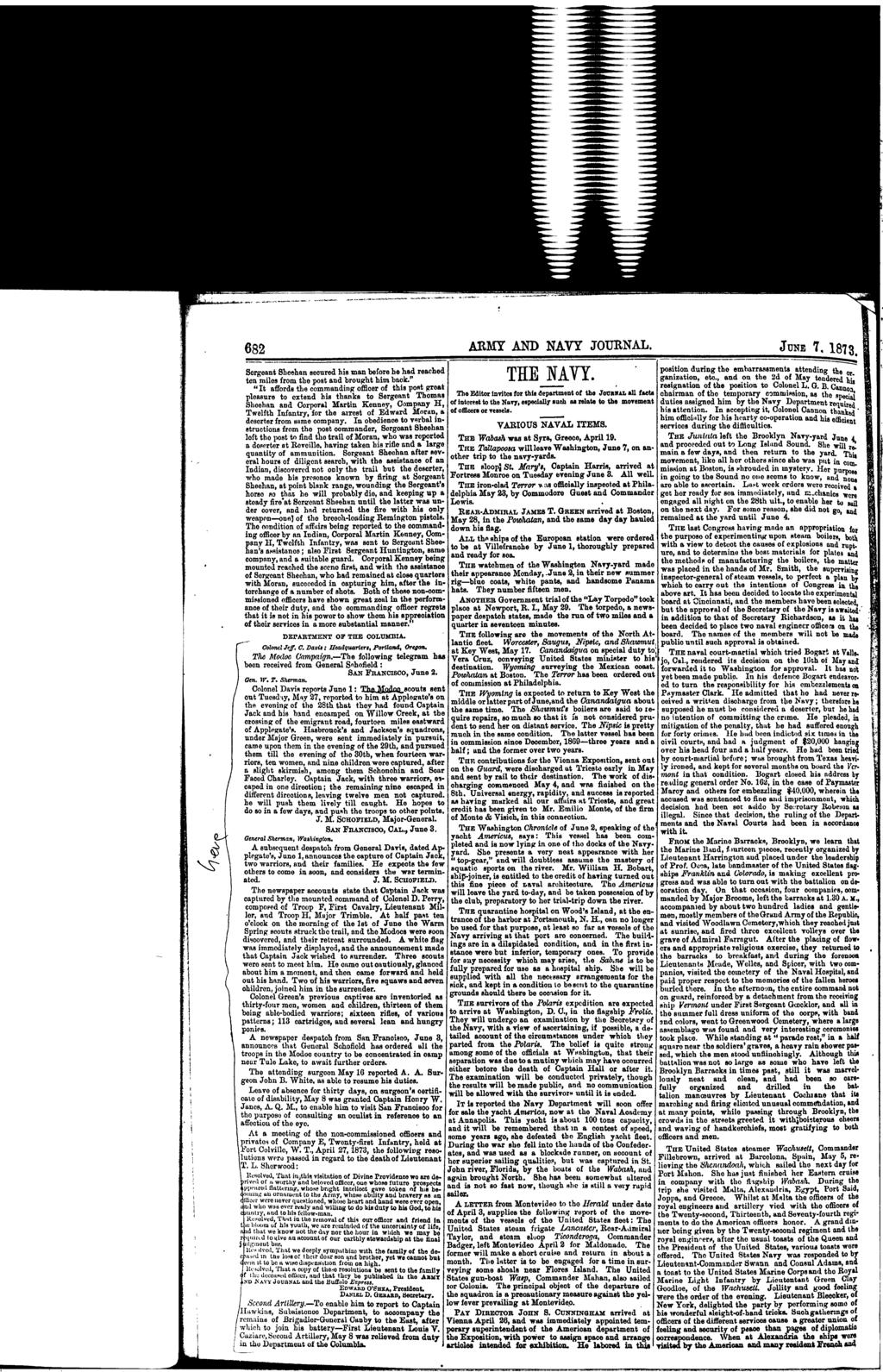 -- 682 ARMY AND NAVY JOURNAL. JUNE 7, 1873, Sergent Sheehn secured his mn bee be hd reched ten miles post brought him bok.