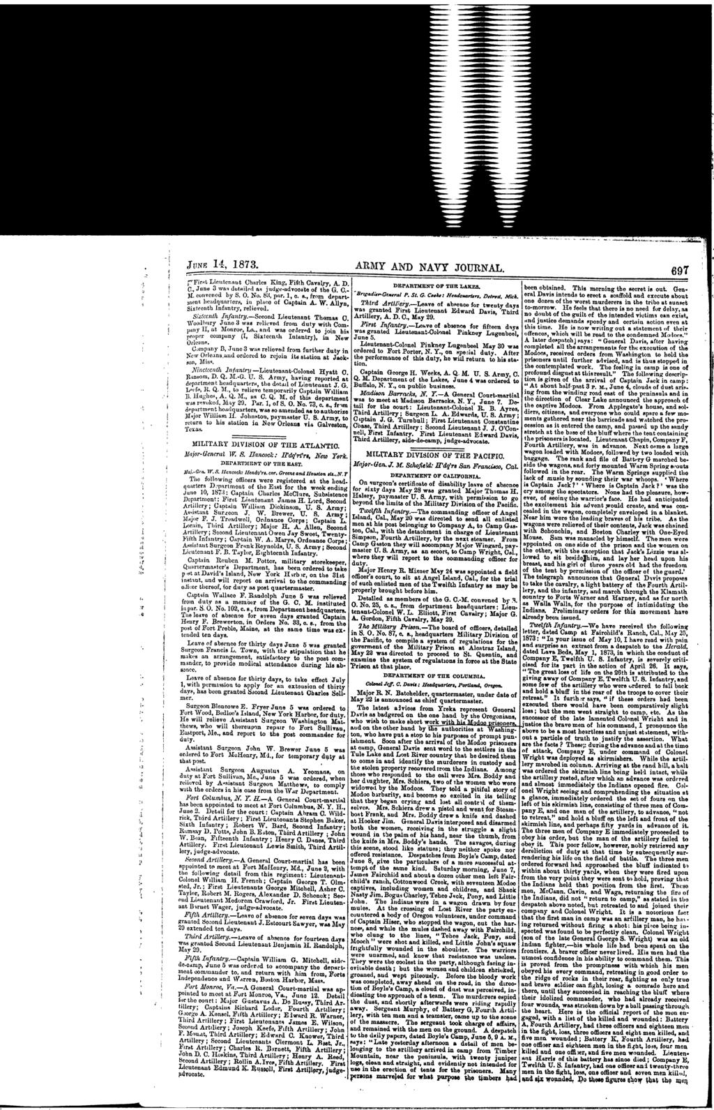 JNt 14, 1873. f-first Lieutennt Chrles Kg, Fifth Cvlry, A. C., D. June 3 DEPARTMENT W4 detiled OF THE LAKES, s judge-dvocite G. C. 3[. cvened S. 0. No. 83, pr. 1, o. s., deprt- Brlrdie~G,,e, P. St.
