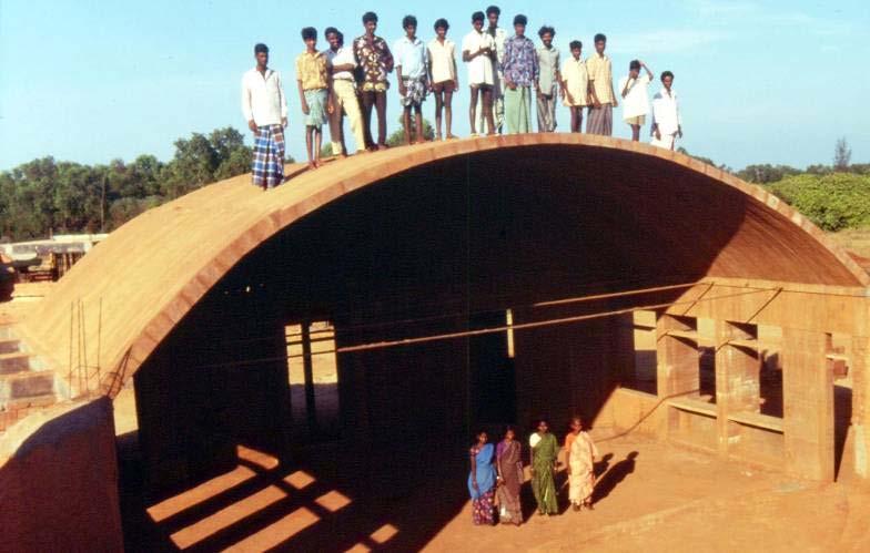 Note that all vaults and domes are built with compressed stabilised earth blocks, which are laid in free spanning mode (without formwork), which has been developed by the Auroville Earth Institute.