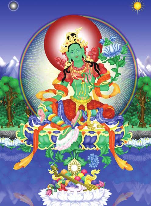 Green Tara Visualization and Mantra Recitation In the space before you, on a lotus and moon disc appears green Tara. Her body is made of green light, transparent like a rainbow.