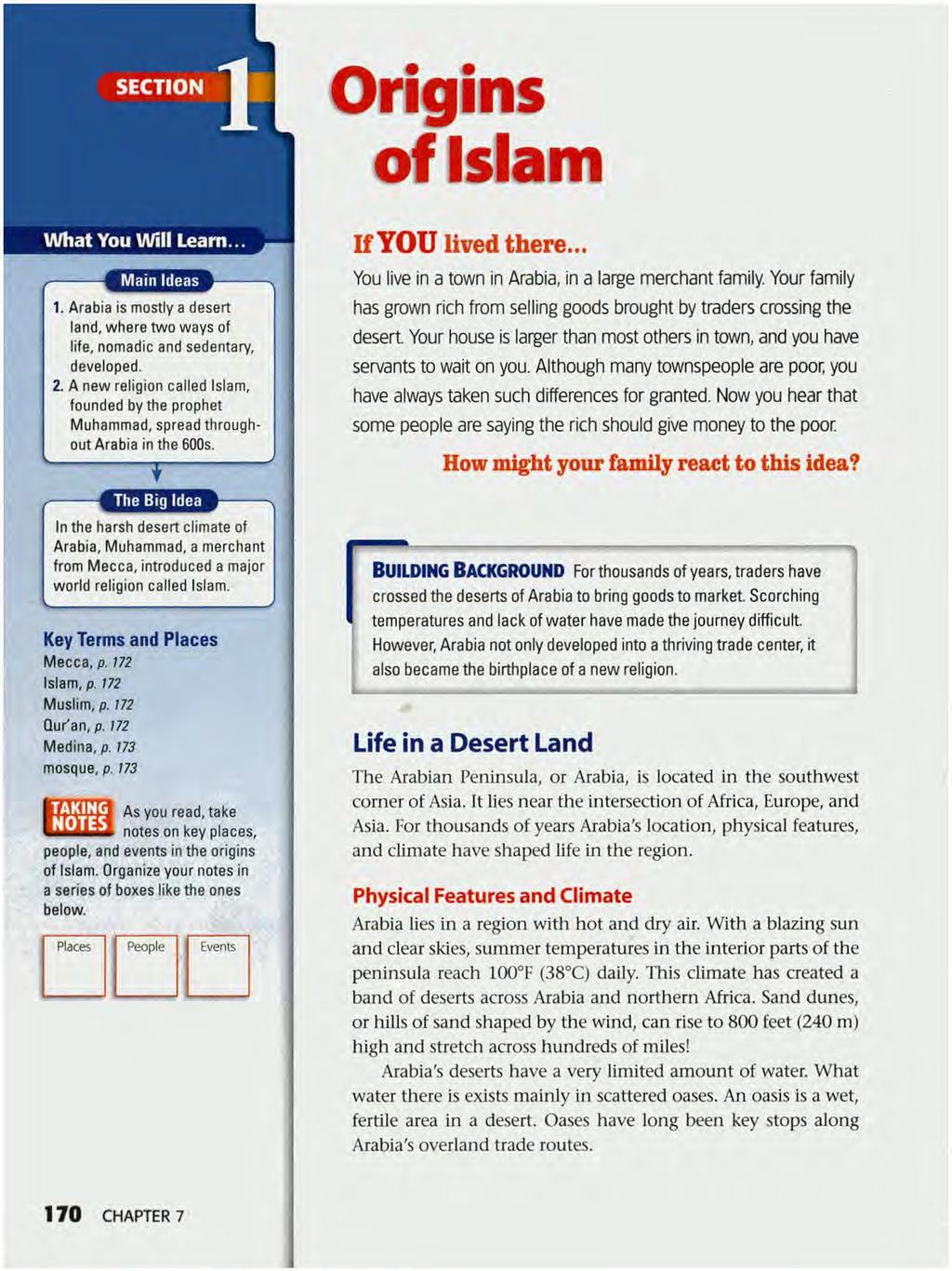 SECTION Origins of Islam What You Will Learn... ---------- ----------------------------- 1. Arabia is mostly a desert land, where two ways of life, nomadic and sedentary, developed. 2.