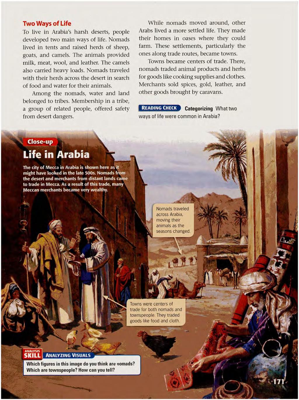 Two Ways o f Life To live in Arabia's harsh deserts, people developed two main ways of life. Nomads lived in tents and raised herds of sheep, goats, and camels.