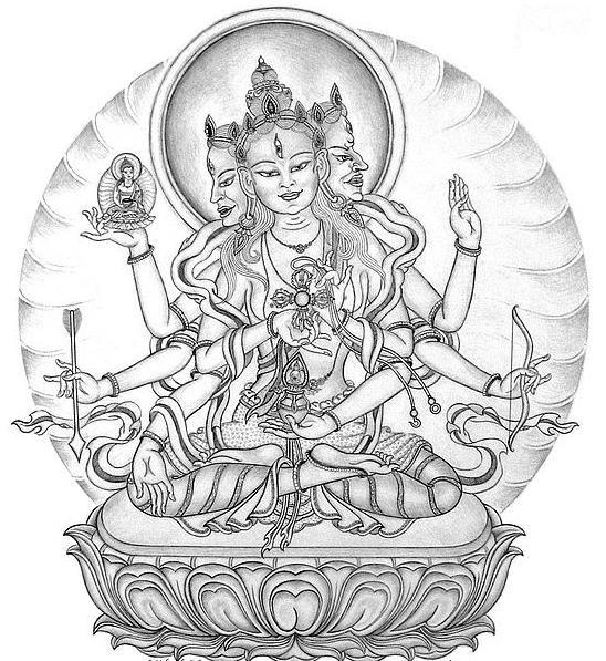 13 b) Amid the clear sky manifests Ushnisha Vijaya Bodhisattva with three faces, each having three eyes. In the middle is a white solemn face of Ushnisha Vijaya Bodhisattva.