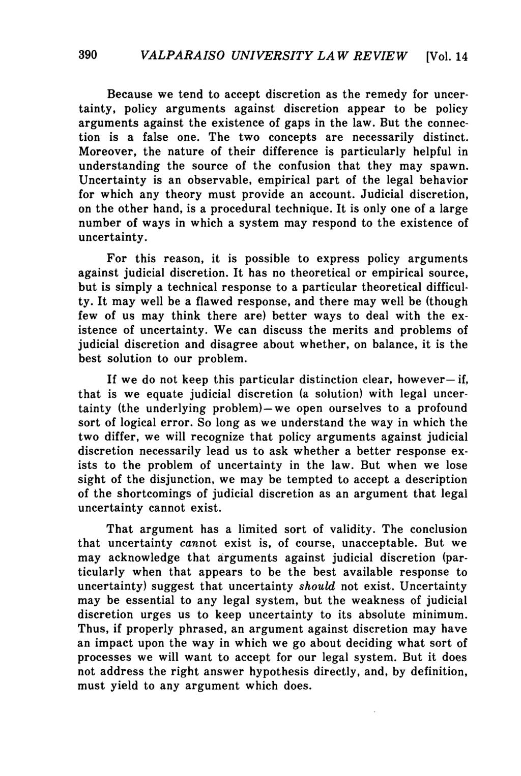 Valparaiso University Law Review, Vol. 14, No. 3 [1980], Art. 1 390 VALPARAISO UNIVERSITY LAW REVIEW [Vol.