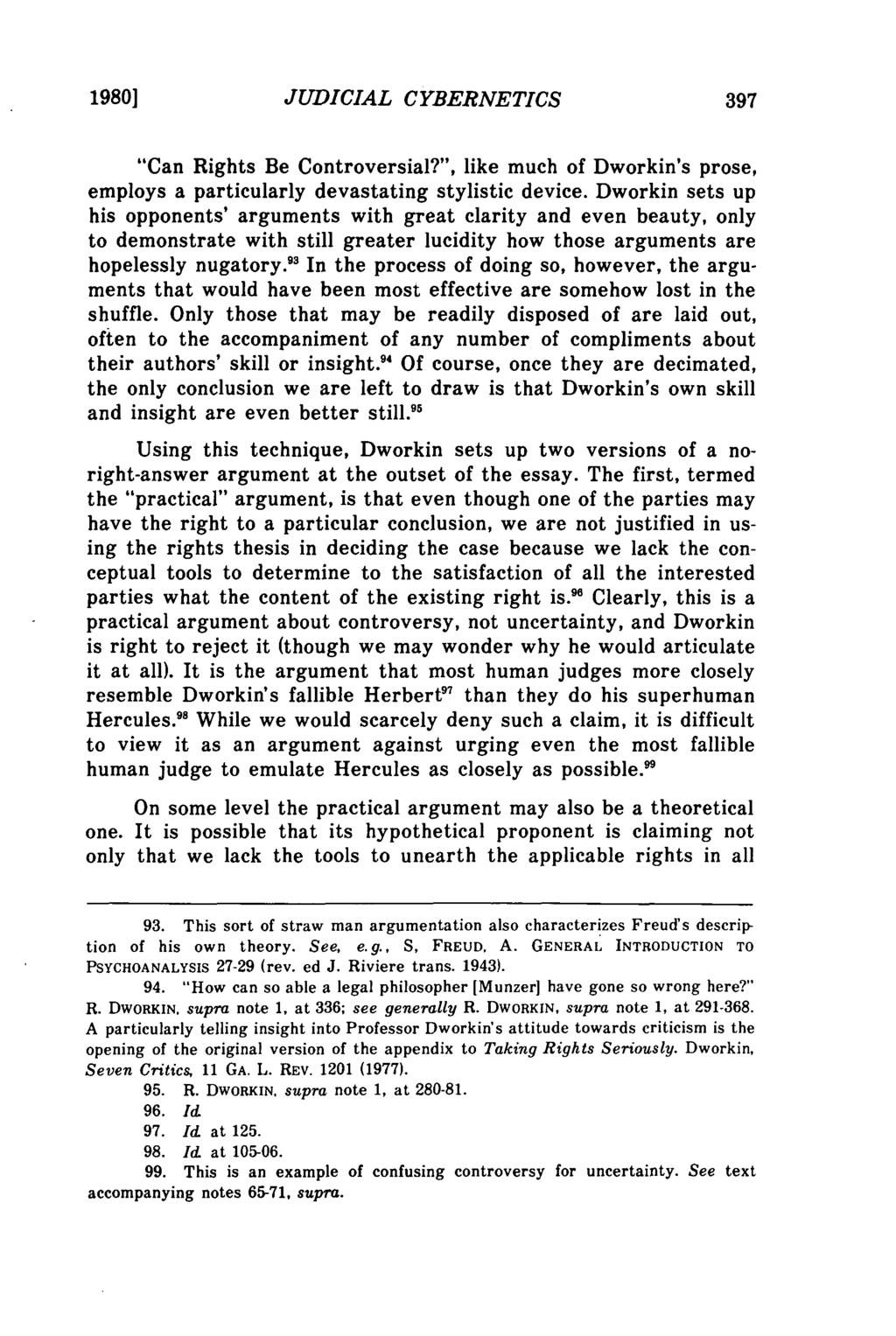 1980] Farago: Judicial Cybernetics: The Effects of Self-Reference in Dworkin's JUDICIAL CYBERNETICS "Can Rights Be Controversial?