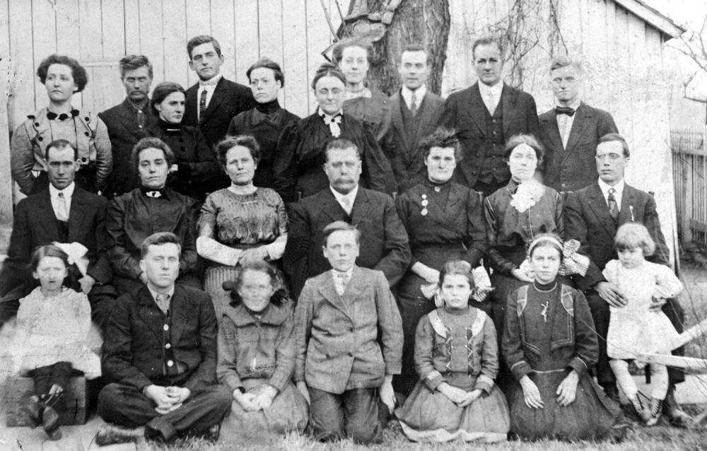 Cook Reunion 1912 at the Cook Home L to R -Top row: Nancy Cook; Sam Miles; Minnie (Puntenney) Cook; Wesley Royce; Mayme (Cook) Royce; Eliza Cook; Lenna Cook; Claude Hixon; Willis Pruett.