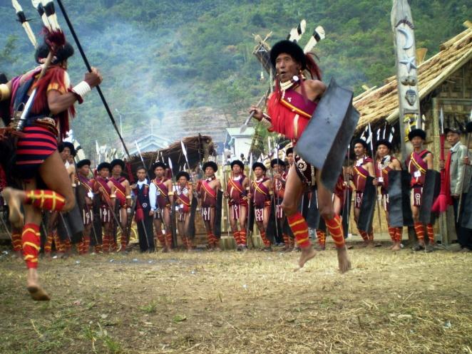 The tribes of Nagaland usually wield weapons such as the spear and the sword, and wear colourful costumes and elaborate plumed headdresses,