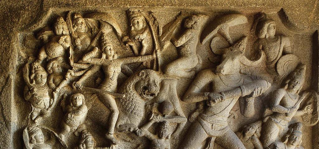 Durga Slaying the Buffalo Demon Manisha Rock cut relief, granite,v7th century CE, India Hindu warrior goddess who defends