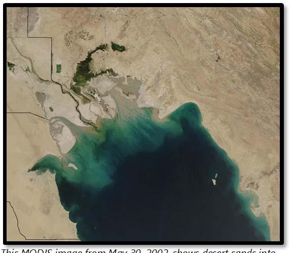 SoE4.12.4 Basra Source Handout This MODIS image from May 30, 2002, shows desert sands into the Persian Gulf. The blue circle marks the city of Basra.
