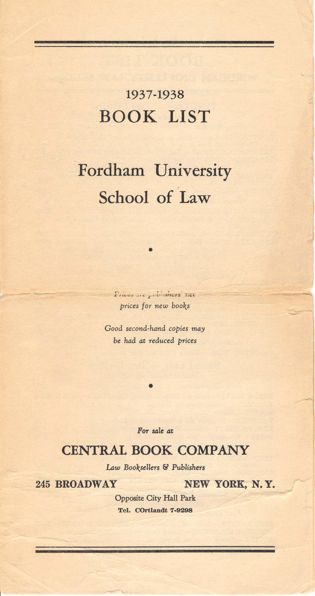 1937-1938 BOOK LIST Fordham University.' School of Law T". 1, '" ~, '-1.