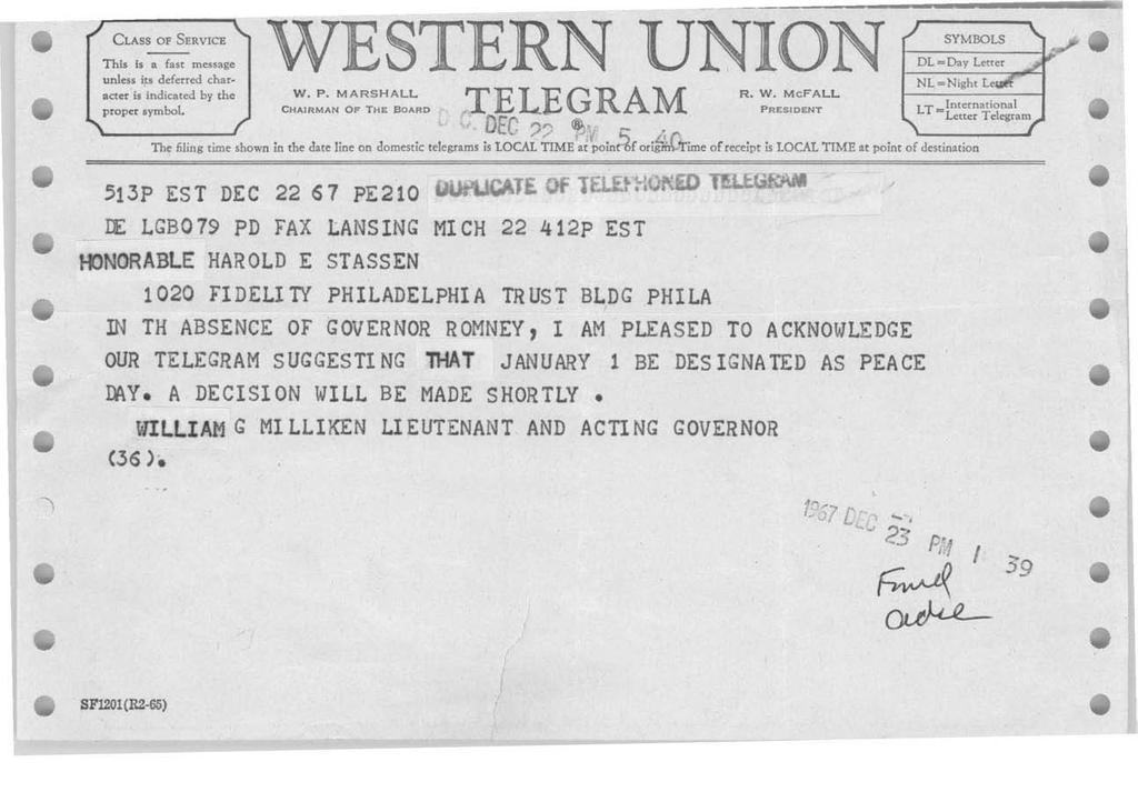CLASS OF SERVICE This is a fast message unless if' deferred char- SYMBOLS aerer is indicated by rhe W. P. MARSHALL TELEGRAM R. W. McFALL proper symbol.