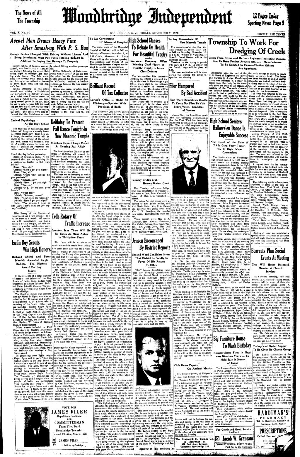 .. :, " '.. ' " ' - The News of All The Townshp Sportng News Page 9 VOL. X, No. 34 WOODBRDGB, N. J., FRDAY, NOVEMBER 2, 1928 Avenel Man Draws Heavy Fne After Smash-up Wth P. S. Bus George Sabna Charged Wth Drvng Wthout Lcense And ; Beng ntoxcated Must Pay Fnes Totalng $242.