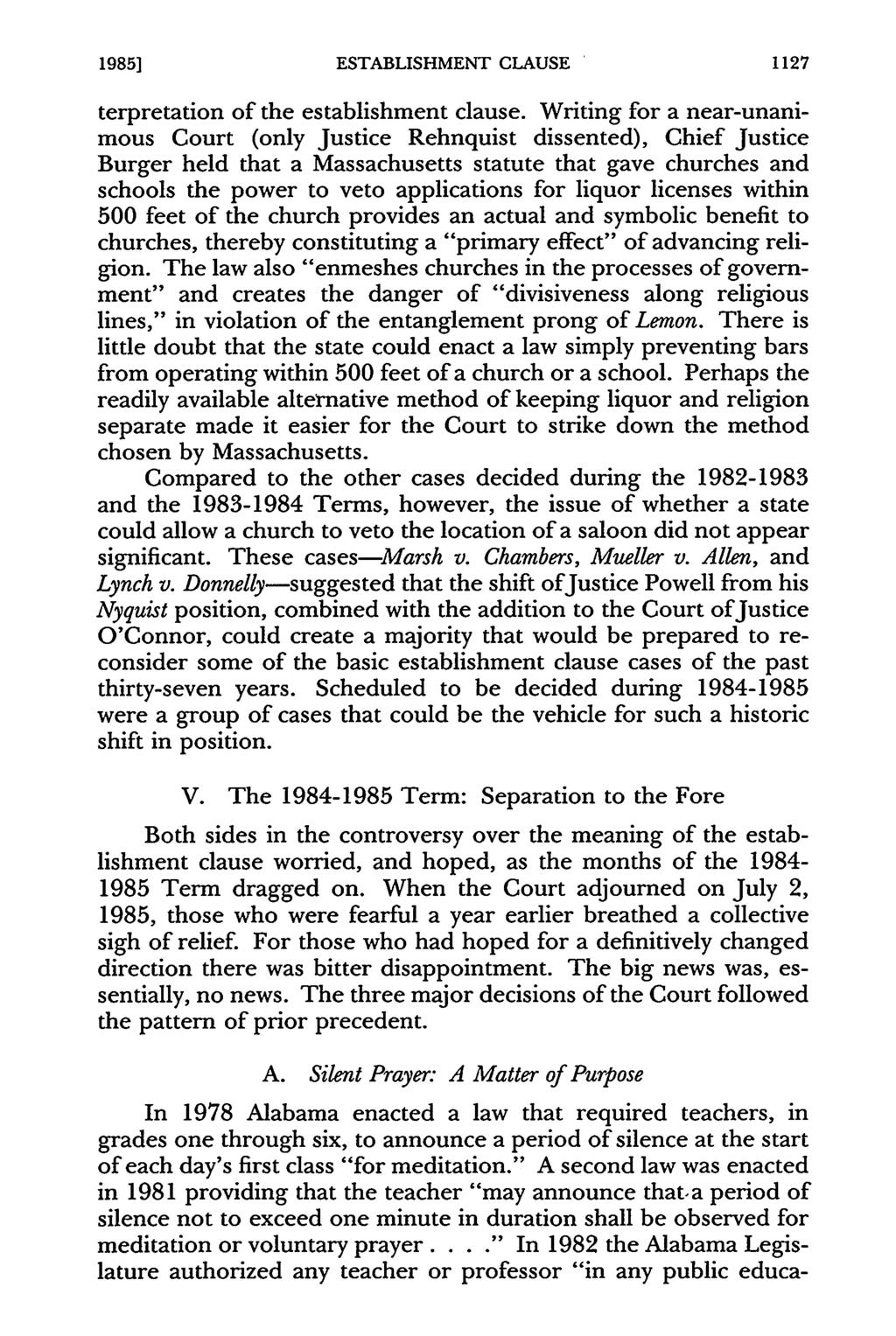 1985] ESTABLISHMENT CLAUSE terpretation of the establishment clause.
