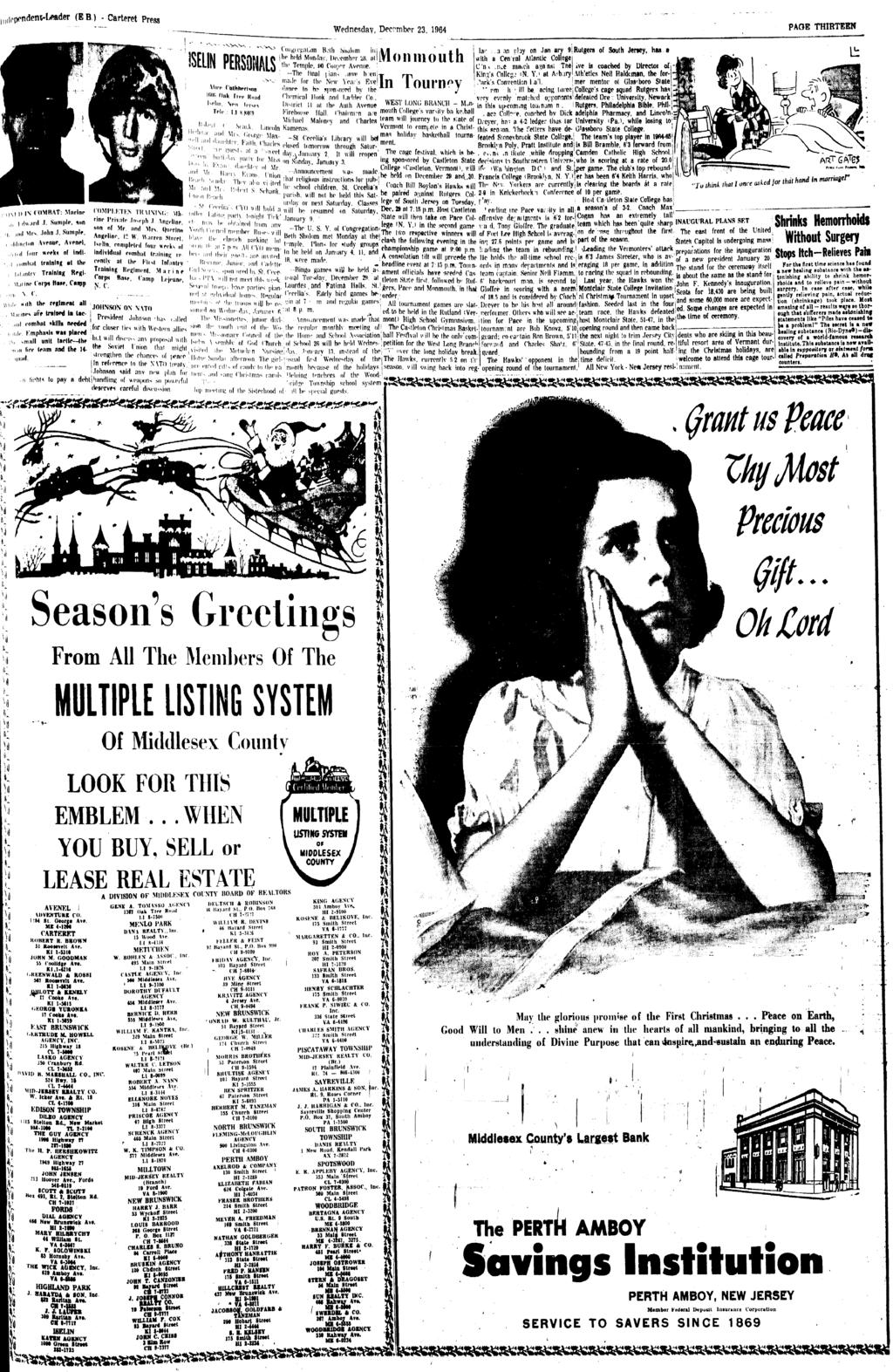 llf ppondcm-lftader (EB.) - Carteret Press Wednesday, December 23, 1964 PAQE THRTEEN,1 \ COMBAT: Mnrlnr, «;rl. Sun >lr. on ml Mrs..nln J. Slmplf, n'tn Avenue.
