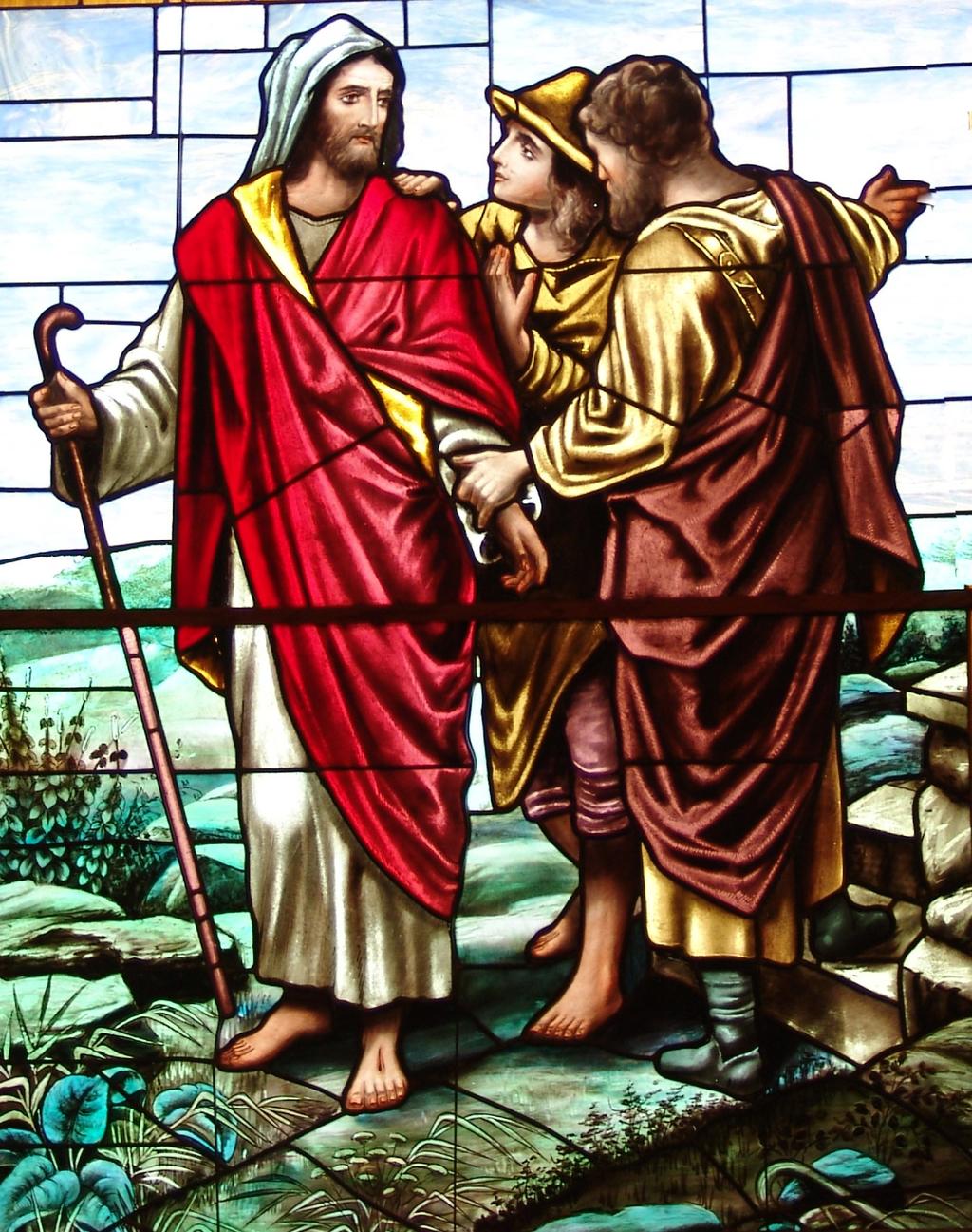 JESUS ON THE ROAD TO EMMAUS The other large window on the southwest side is the appearance of the resurrected Jesus to disciples on the road to Emmaus.