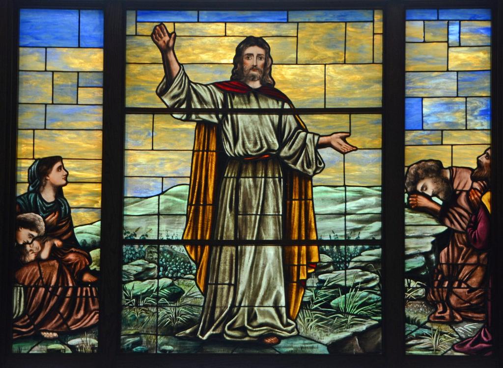 THE ASCENSION OF JESUS The largest part of the window in the Gathering Area portrays Jesus moments before His ascension into heaven. Then Jesus took them to a place near Bethany.