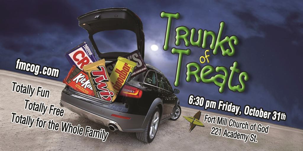 Trunks of Treats Trunks of Treats is a Church-wide, Community Outreach that gives families an alternative to door-to-door trick or treating on Halloween. We want YOU there!
