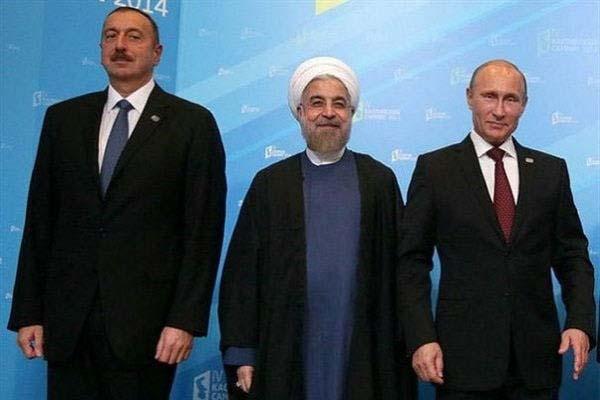 Putin meets with Iranian president Hassan Rouhani (middle) and Azerbaijan president Ilham Aliyev (left), Tehran, October 31, 2017.