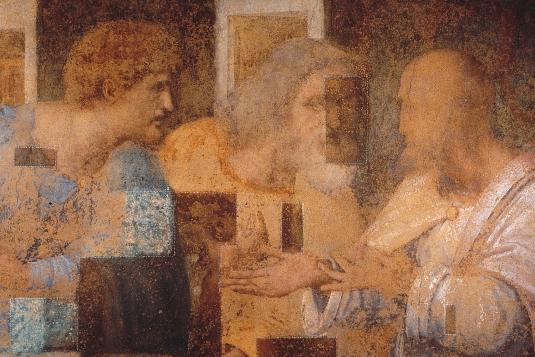 In 1977 restoration of the painting began, as shown in the detail (above) depicting the apostles Matthew, Thaddeus, and Simon.