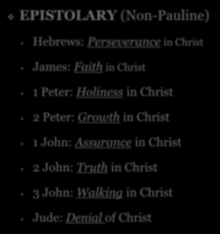 EPISTOLARY (Non-Pauline) Hebrews: Perseverance in Christ James: Faith in Christ 1 Peter: Holiness in Christ 2 Peter:
