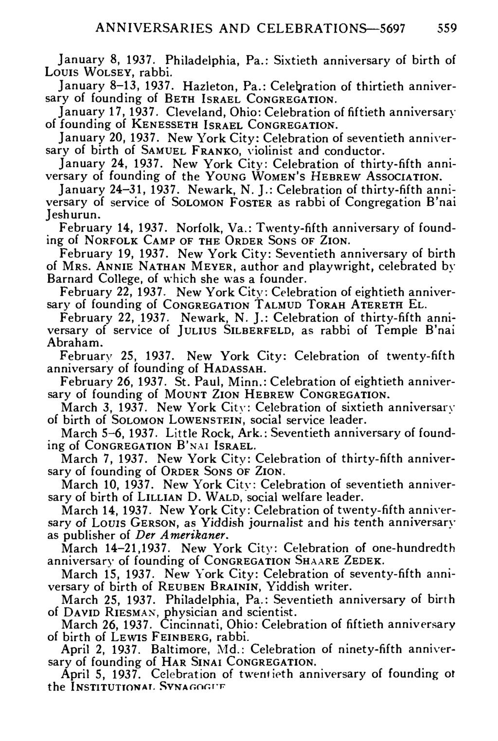 ANNIVERSARIES AND CELEBRATIONS 5697 559 January 8, 1937. Philadelphia, Pa.: Sixtieth anniversary of birth of Louis WOLSEY, rabbi. January 8-13, 1937. Hazleton, Pa.