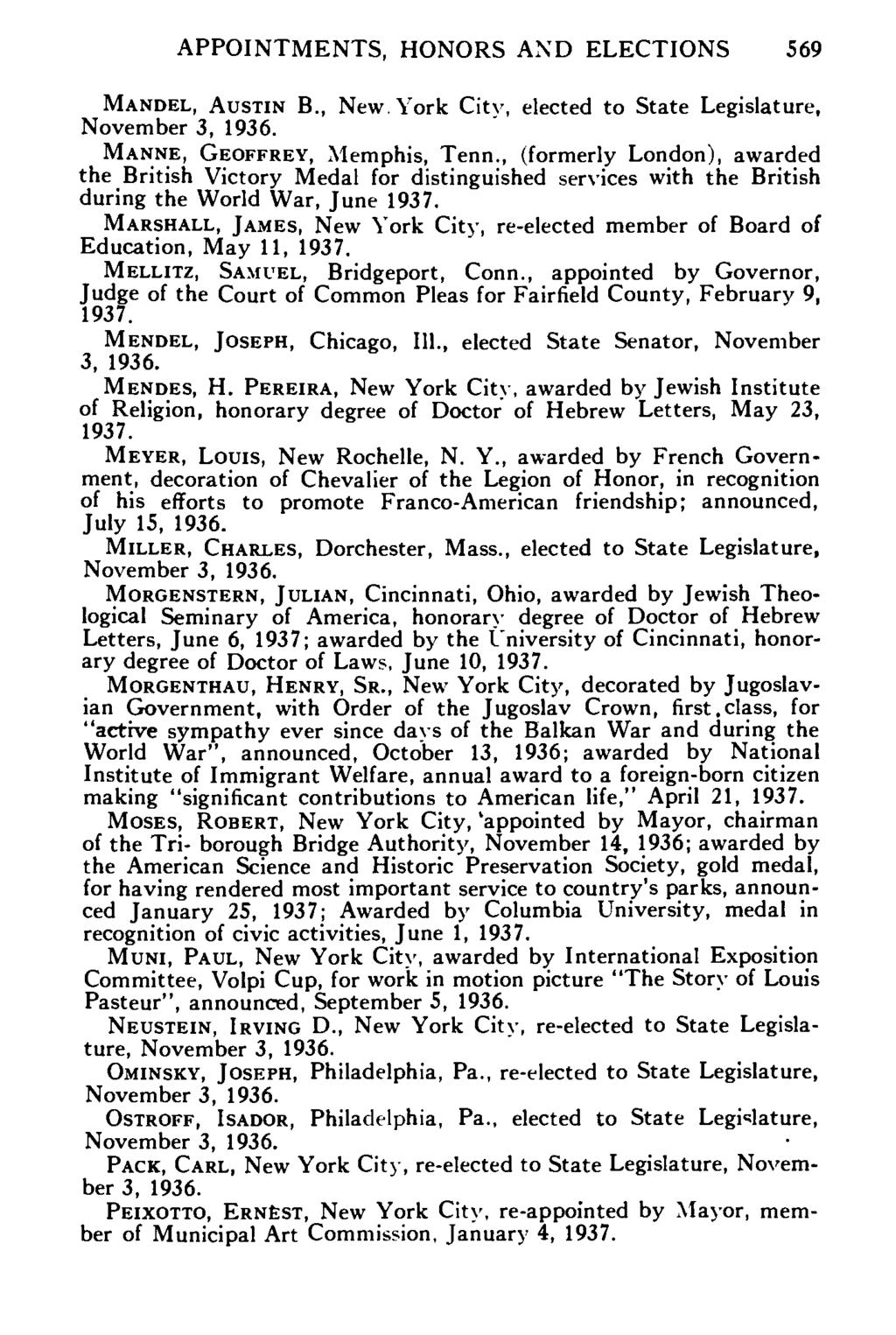 APPOINTMENTS, HONORS AND ELECTIONS 569 MANDEL, AUSTIN B., New. York City, elected to State Legislature, MANNE, GEOFFREY, Memphis, Tenn.