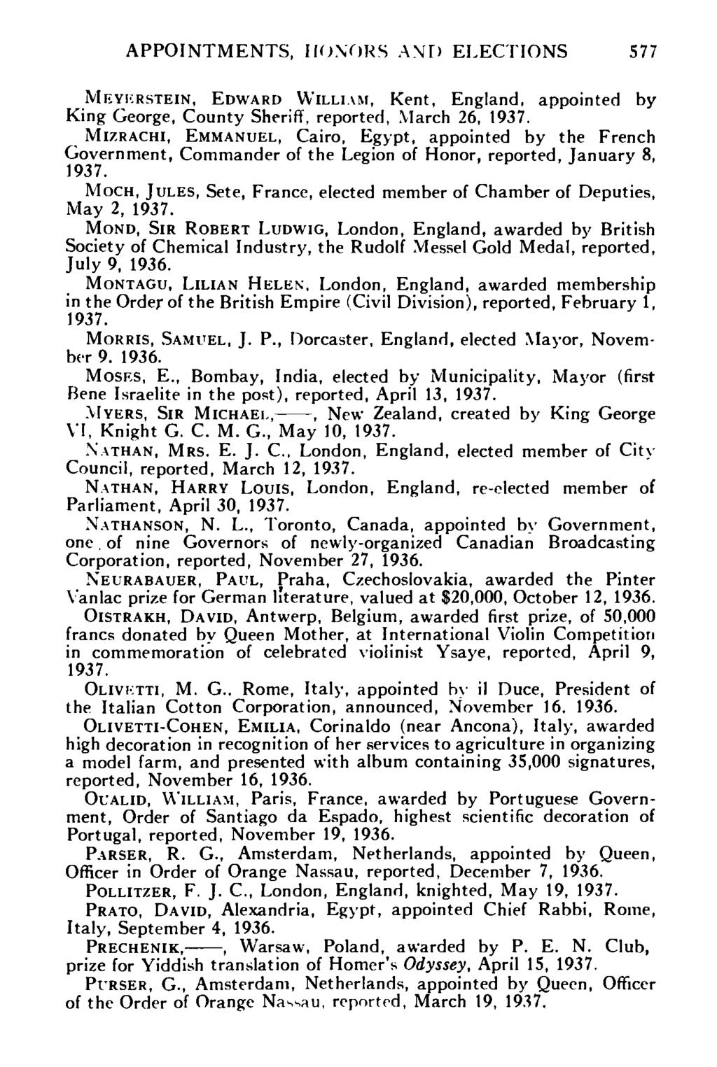 APPOINTMENTS, HONORS A\D ELECTIONS 577 MEYICRSTEIN, EDWARD WILLIAM, Kent, England, appointed by King George, County Sheriff, reported, March 26, 1937.