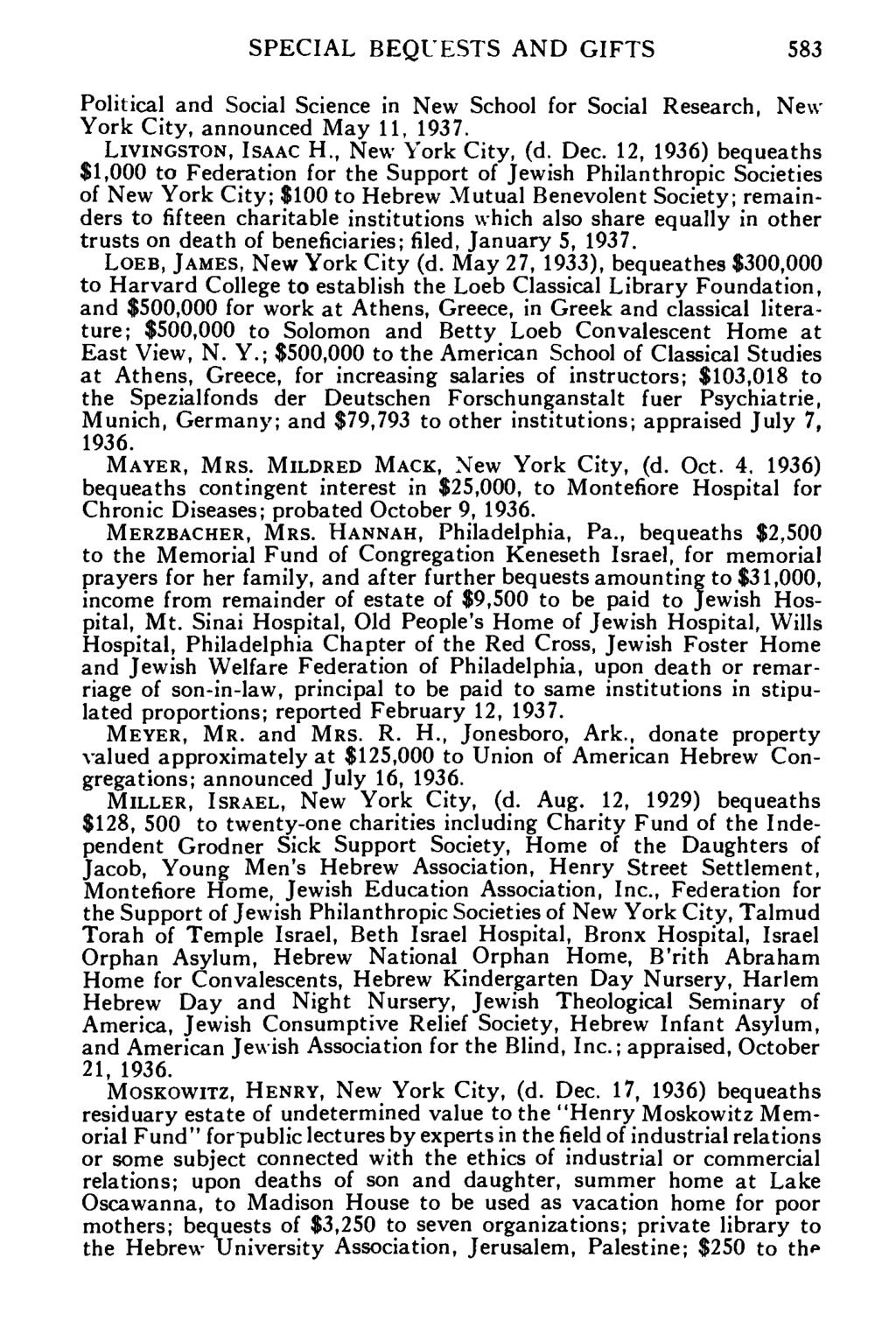 SPECIAL BEQUESTS AND GIFTS 583 Political and Social Science in New School for Social Research, New York City, announced May 11, 1937. LIVINGSTON, ISAAC H., New York City, (d. Dec.