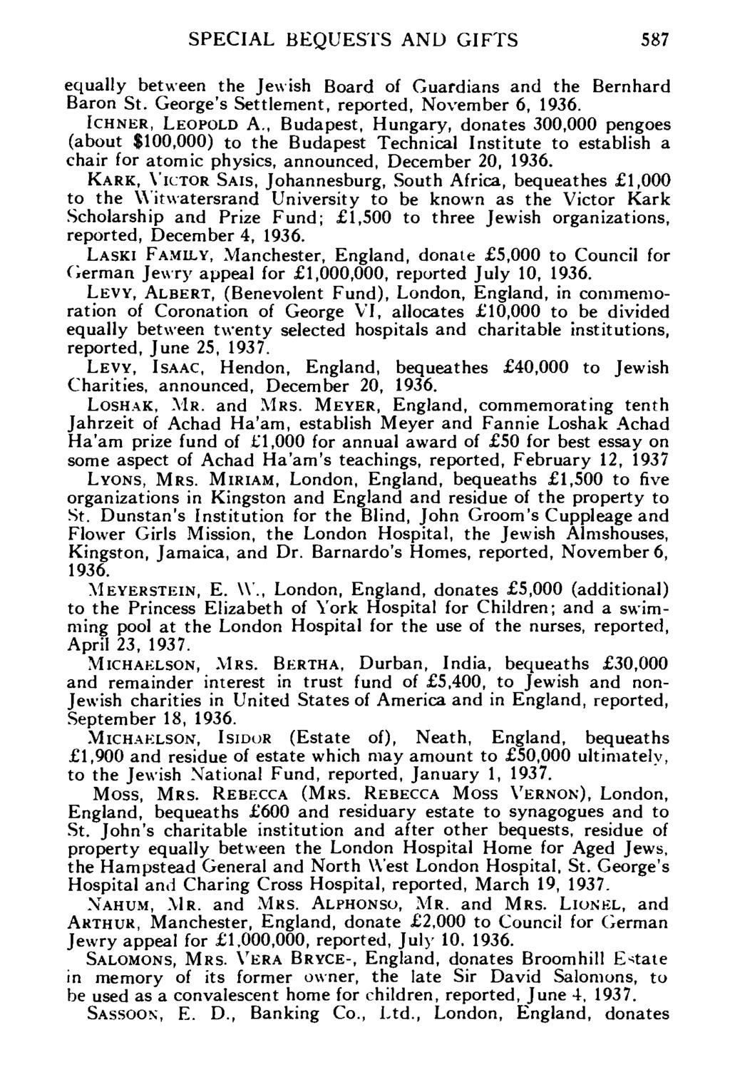 SPECIAL BEQUESTS AND GIFTS 587 equally between the Jewish Board of Guardians and the Bernhard Baron St. George's Settlement, reported, November 6, 1936. ICHNER, LEOPOLD A.