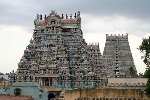 The Temple of Srirangam is famous for its gopurams or entrances beneath colorful pyramids. The temple has 21 gopurams total, with the largest one having 15 stories and is nearly 200 feet (60 m) tall.