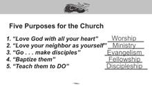 Learner s Guide p 10 Slides 35-40 Five Purposes for the Church Two of the purposes are from the Great Commandment: 1. Love God with all your heart Worship The Bible word for that is worship.