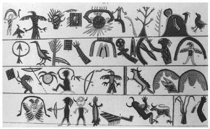 217 Fig. 34. Ojibwa pictorial writing, used in religious rites of the Midéwiwin and recorded on birch bark scrolls and possibly on rock.