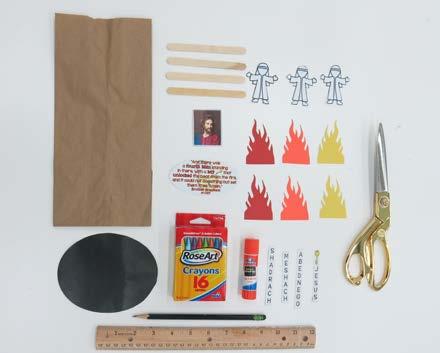 Fiery Furnace TUTORIAL Prep-work done for Creations class ages 4-6: Cut out little people Cut out Jesus picture Cut out names for the sticks Cut out flames Cut oval hole in the paper bag