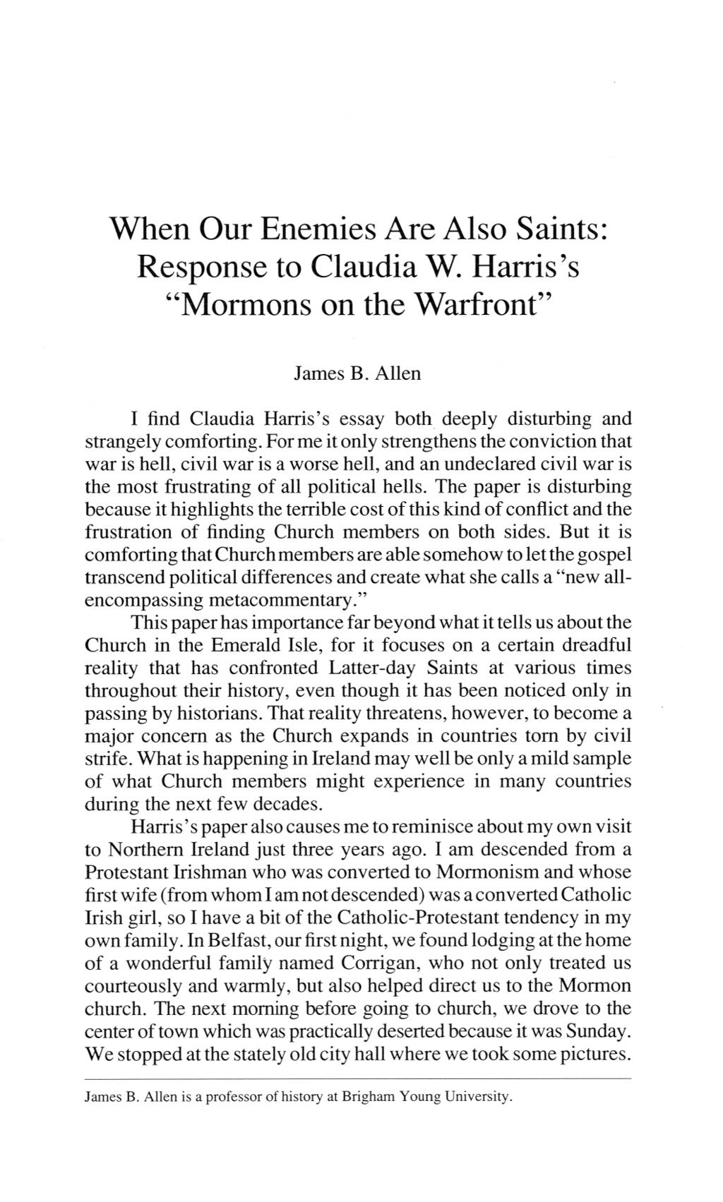 Allen: When Our Enemies Are Also Saints: Response to Claudia W.