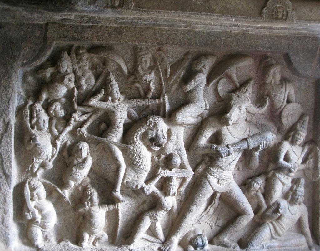 Durga fighting the buffalo demon, Mahishamardini cave, Mamallapuram, 670-700CE Mahisasura considered himself invincible because he felt it was impossible for a woman to defeat him.