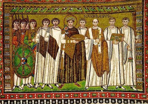#51 San Vitale, Justinian Panel Early Byzantine, Ravenna Italy, 540ce, mosaic Typical Byzantine focus on spirituality Flattened Elongated Figures are