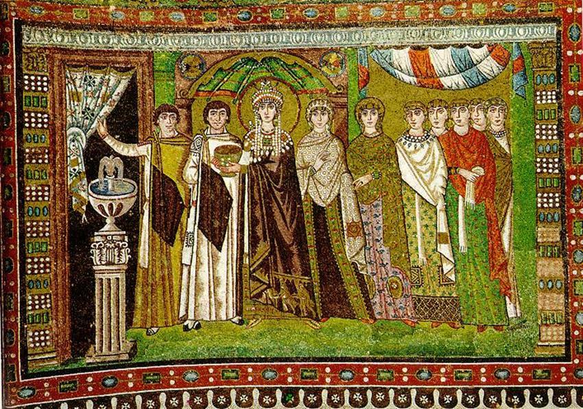 #51 San Vitale, Theodora panel. Ravenna, Italy. Early Byzantine Europe. C. 536-527 CE. Mosaic.