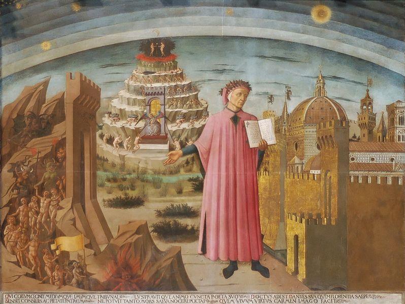 Domenico di Michelino s Dante and His Poem 1465 C.E. is an early artistic interpretation of Dante and his major work. Dante holds a copy of Divine Comedy and gestures towards Hell.