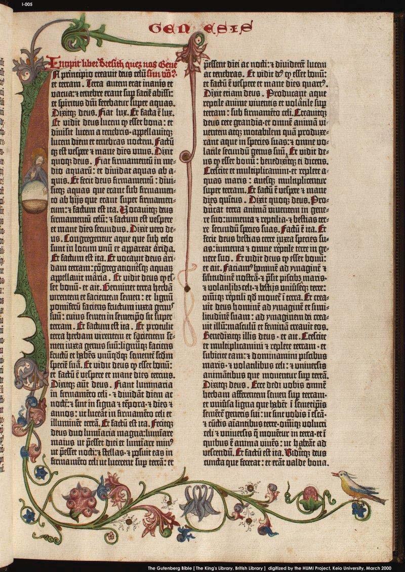 the Gutenberg Bible Johann Gutenberg circa 1400-1468 the printing press 1440 Latin Vulgate 1 st book printed in Europe with movable type Mainz, Germany 1454-1455 42-line Bible 1286 pages bound in two