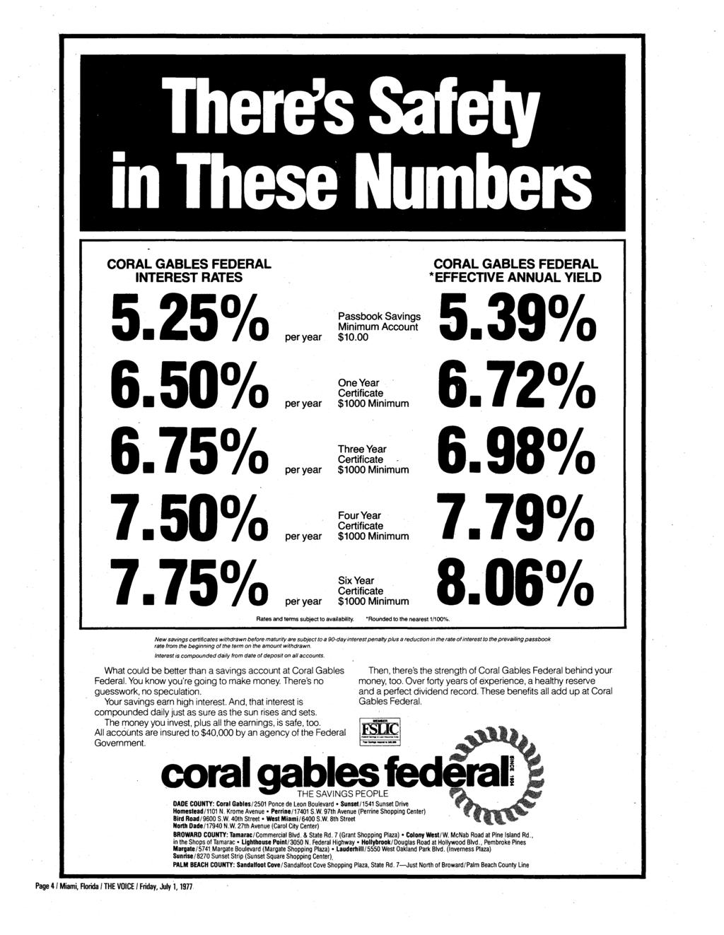 CORAL GABLES FEDERAL INTEREST RATES CORAL GABLES FEDERAL * EFFECTIVE ANNUAL YIELD 5.25% per year Passbook Savings Minimum Account $10.00 3B / 6.50% 6.75% 7.50% 7.