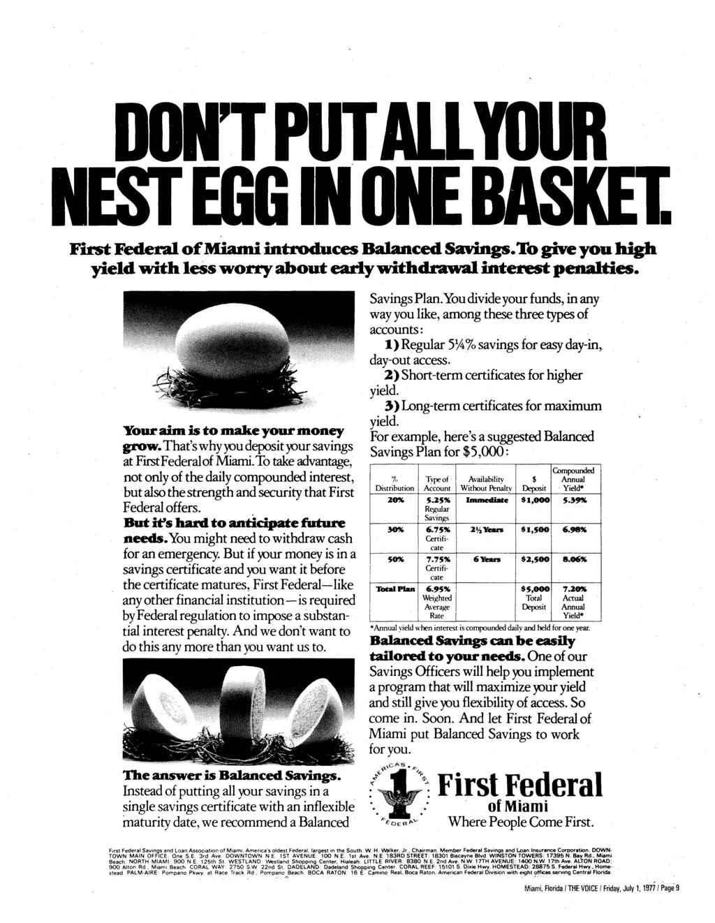 DOTT PUT All YOUR NEST EGG M ONE BASKET First Federal of Miami introduces Balanced Savings.To give you high yield with less worry about early withdrawal interest penalties.